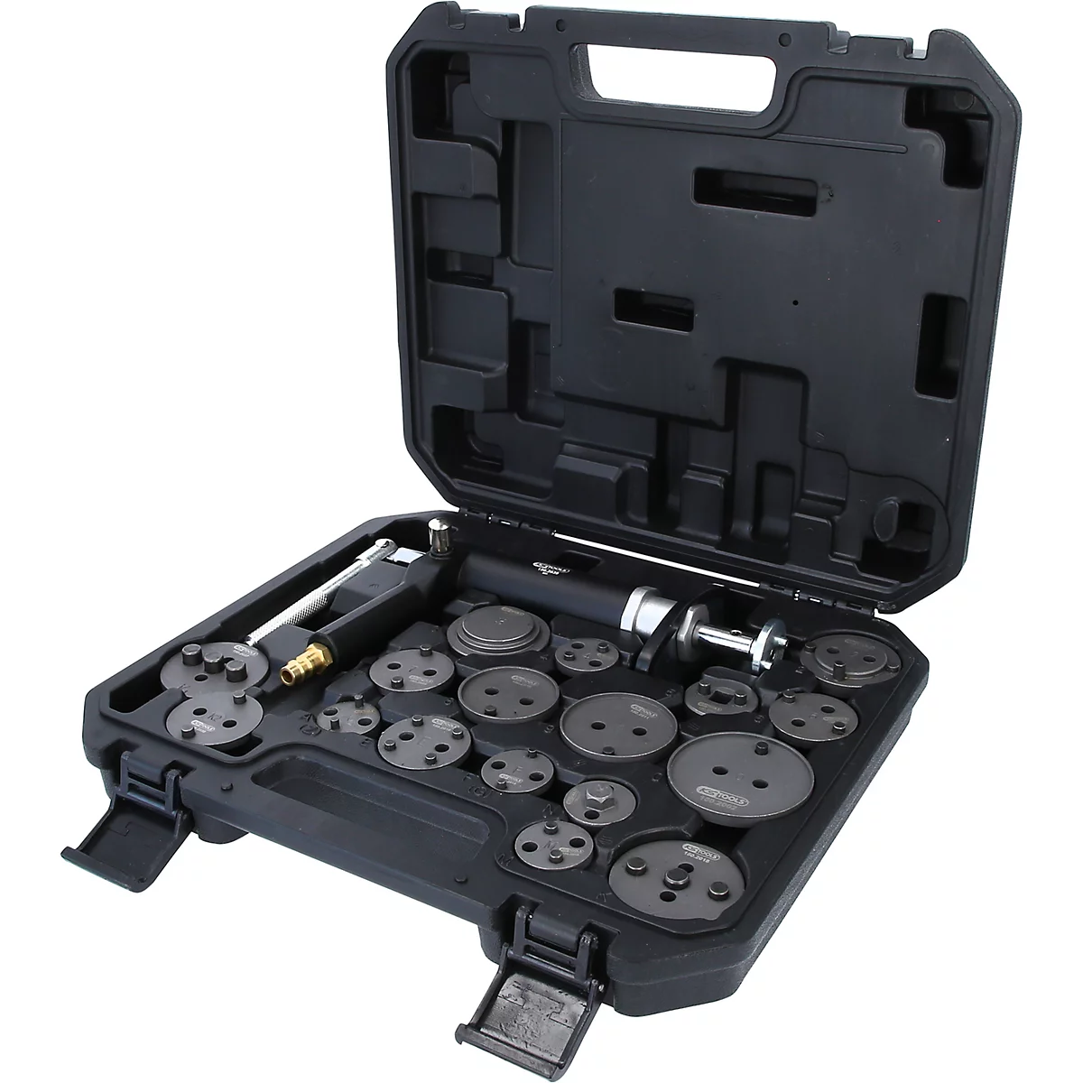 Schwarzer Werkzeugkoffer mit Bremssattel-Rückstellwerkzeug und verschiedenen Adaptern.